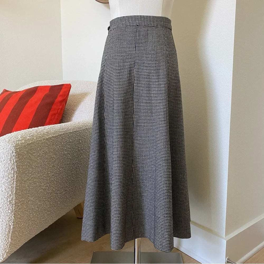 Vintage Wool Houndstooth A-Line Midi Skirt (~XS, 0)